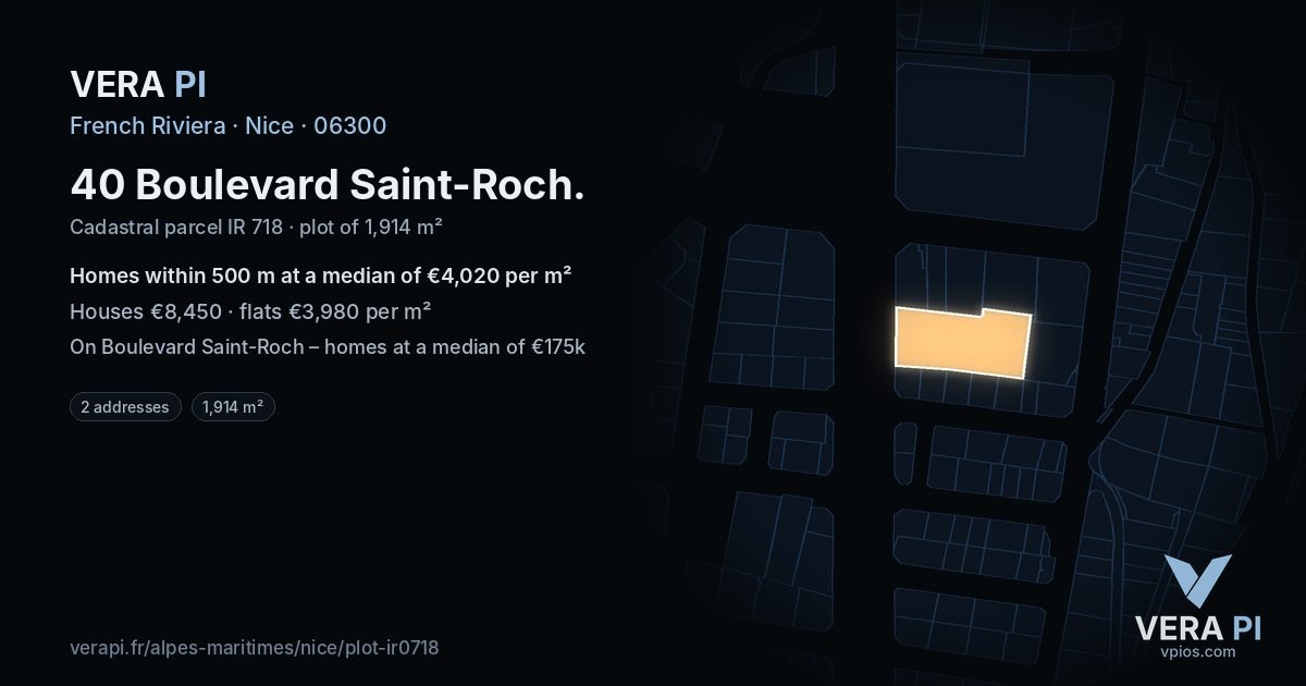 40 Boulevard Saint-Roch, Nice at night – the plot lit, the parcels around coloured by the prices near them