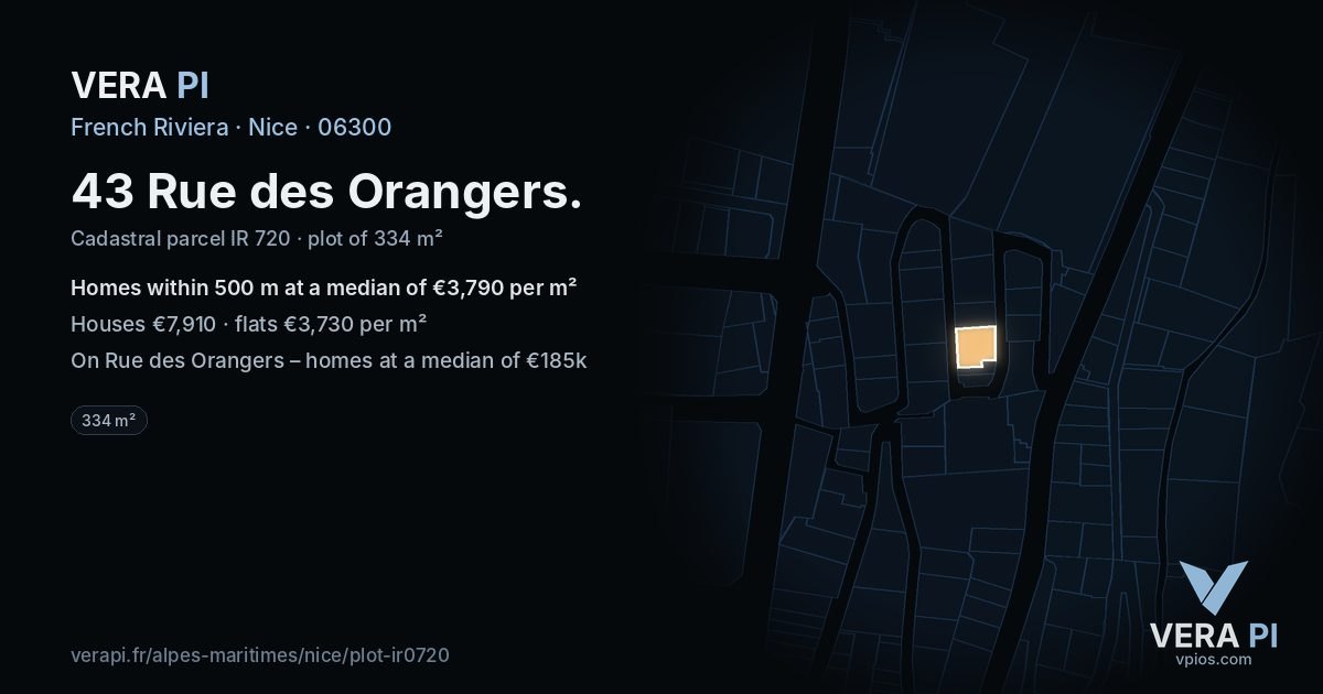 43 Rue des Orangers, Nice at night – the plot lit, the parcels around coloured by the prices near them