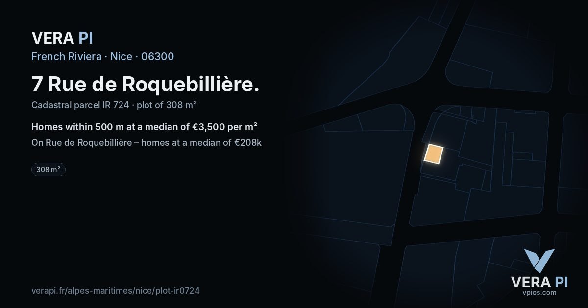 7 Rue de Roquebillière, Nice at night – the plot lit, the parcels around coloured by the prices near them