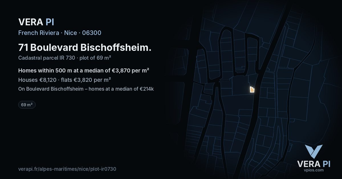 71 Boulevard Bischoffsheim, Nice at night – the plot lit, the parcels around coloured by the prices near them