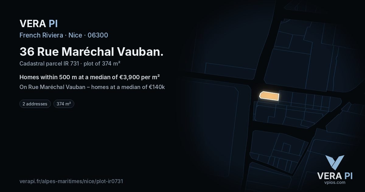 36 Rue Maréchal Vauban, Nice at night – the plot lit, the parcels around coloured by the prices near them