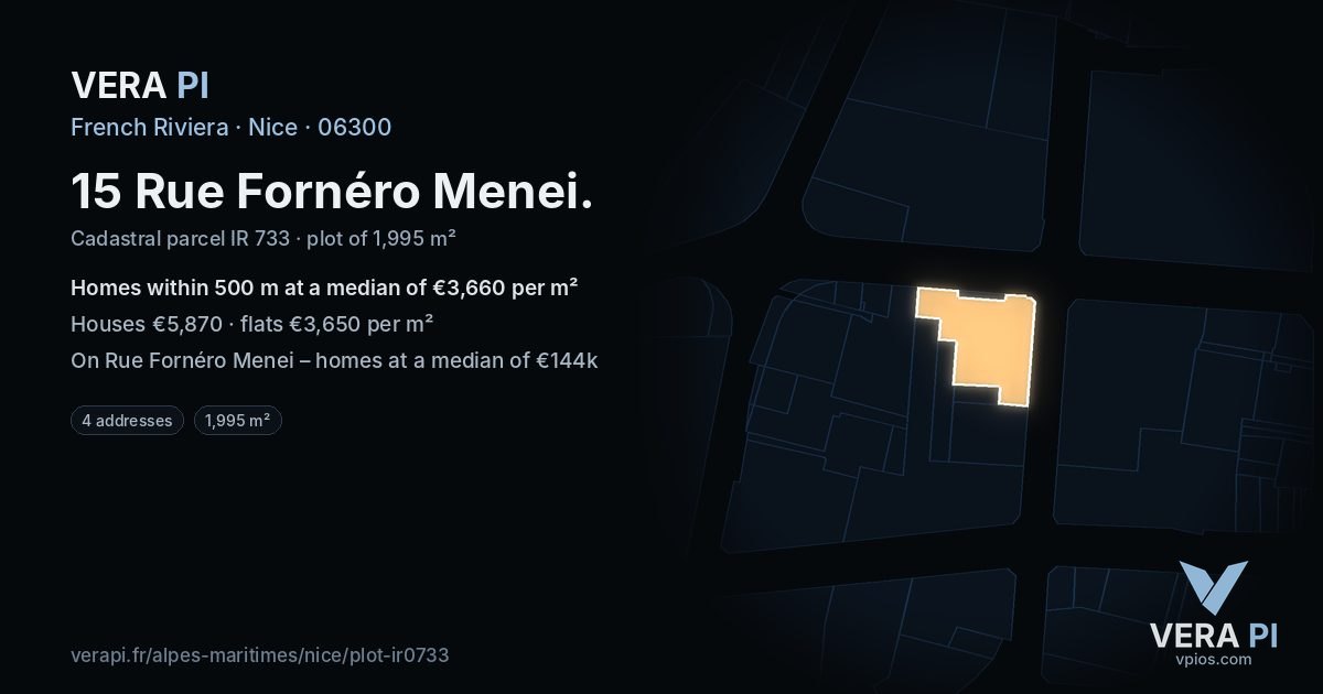15 Rue Fornéro Menei, Nice at night – the plot lit, the parcels around coloured by the prices near them