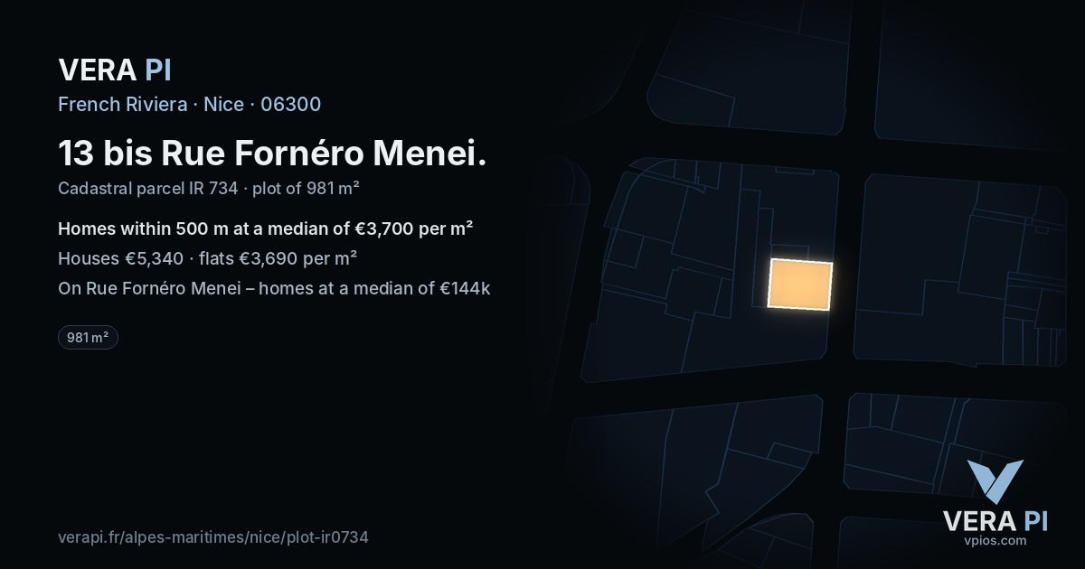 13 bis Rue Fornéro Menei, Nice at night – the plot lit, the parcels around coloured by the prices near them