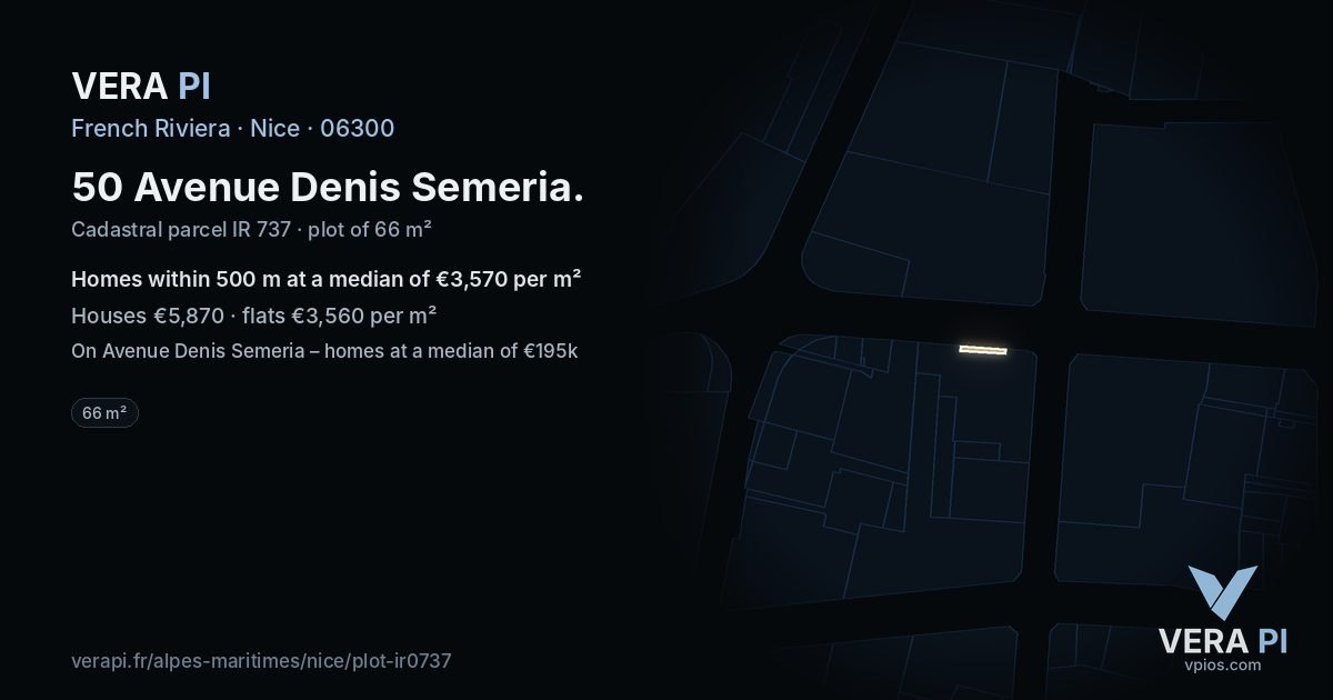 50 Avenue Denis Semeria, Nice at night – the plot lit, the parcels around coloured by the prices near them