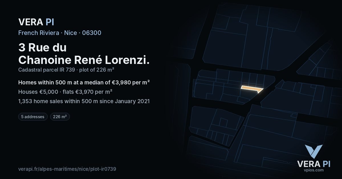 3 Rue du Chanoine René Lorenzi, Nice at night – the plot lit, the parcels around coloured by the prices near them