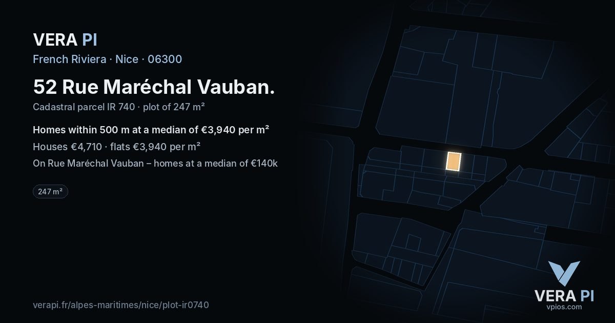 52 Rue Maréchal Vauban, Nice at night – the plot lit, the parcels around coloured by the prices near them
