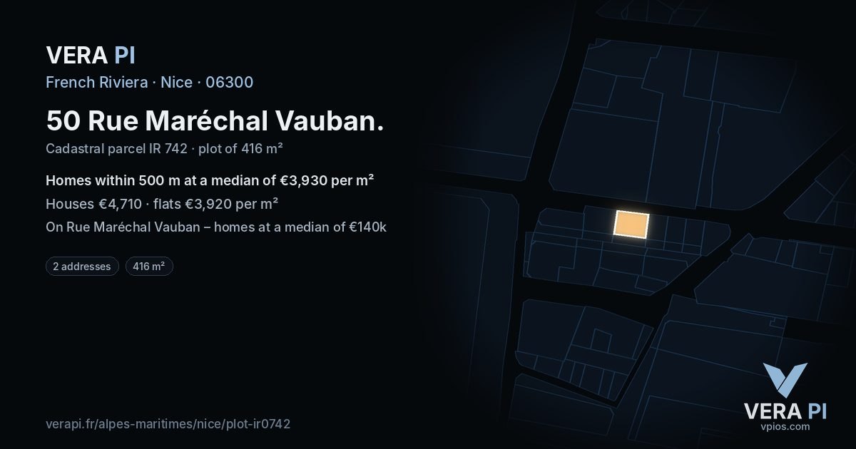 50 Rue Maréchal Vauban, Nice at night – the plot lit, the parcels around coloured by the prices near them