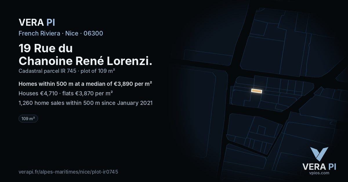 19 Rue du Chanoine René Lorenzi, Nice at night – the plot lit, the parcels around coloured by the prices near them