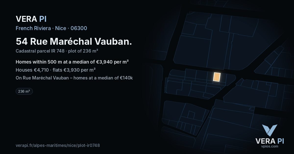 54 Rue Maréchal Vauban, Nice at night – the plot lit, the parcels around coloured by the prices near them