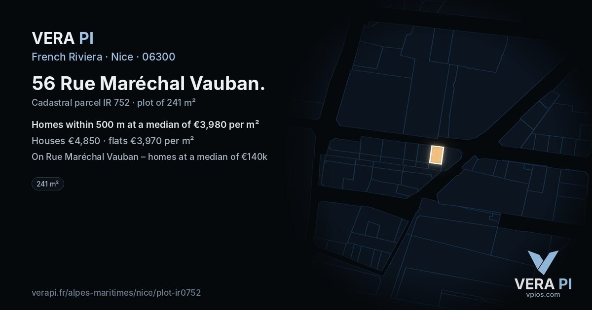 56 Rue Maréchal Vauban, Nice at night – the plot lit, the parcels around coloured by the prices near them