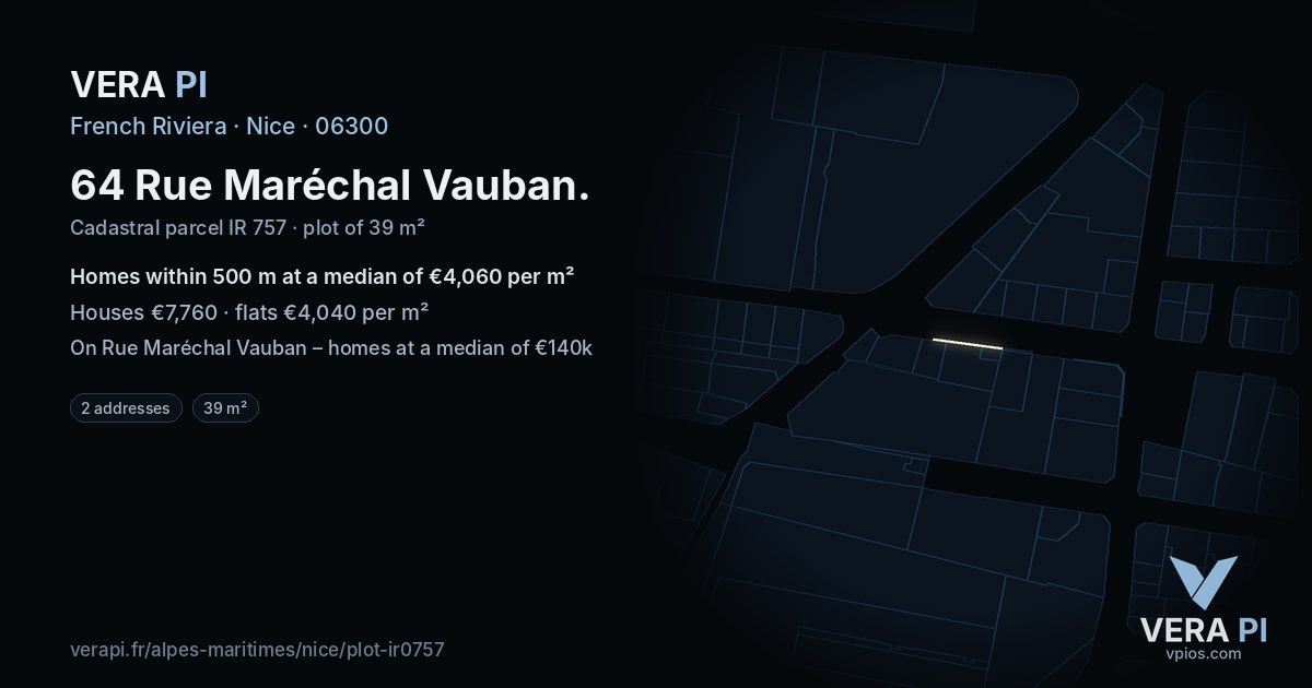 64 Rue Maréchal Vauban, Nice at night – the plot lit, the parcels around coloured by the prices near them