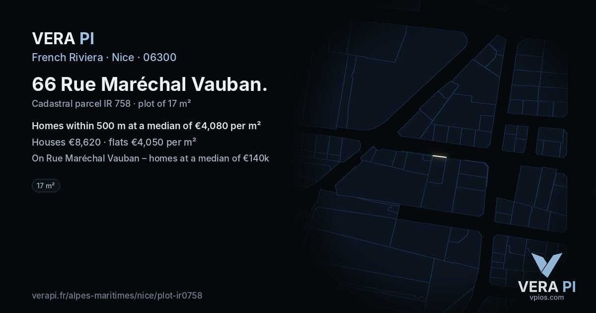 66 Rue Maréchal Vauban, Nice at night – the plot lit, the parcels around coloured by the prices near them