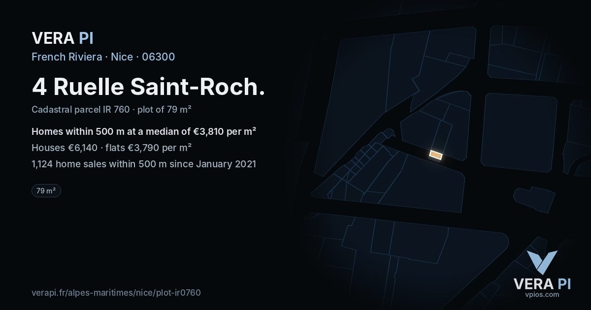 4 Ruelle Saint-Roch, Nice at night – the plot lit, the parcels around coloured by the prices near them