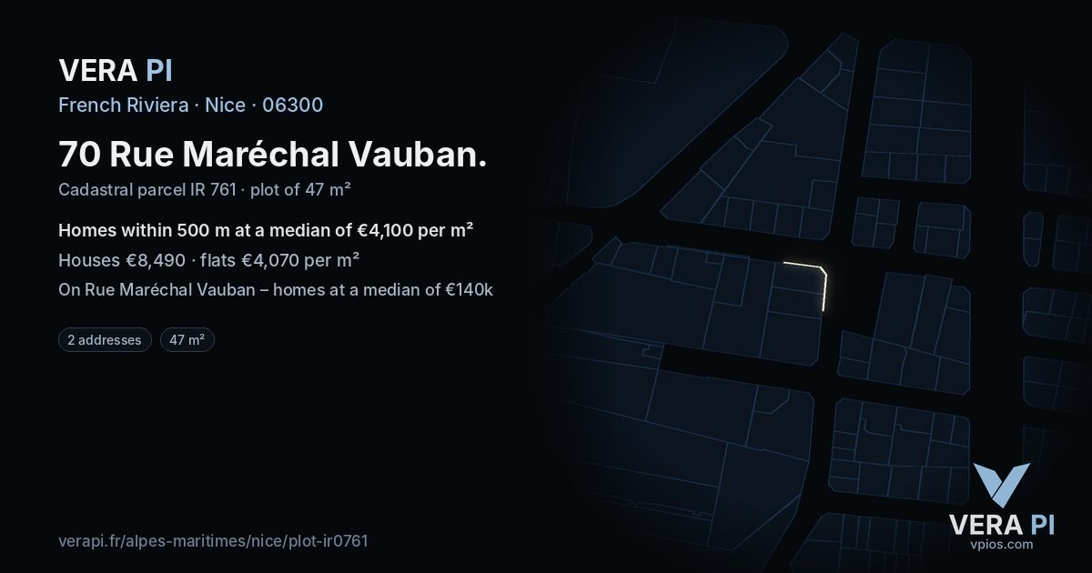 70 Rue Maréchal Vauban, Nice at night – the plot lit, the parcels around coloured by the prices near them