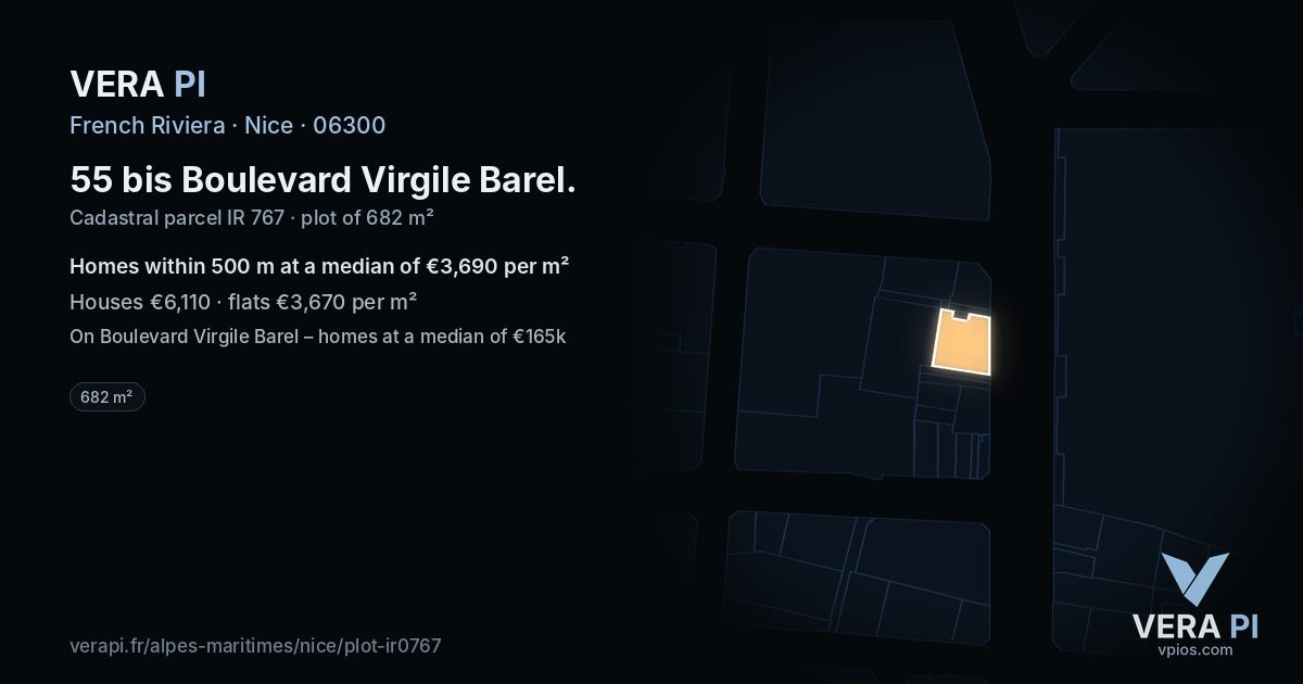 55 bis Boulevard Virgile Barel, Nice at night – the plot lit, the parcels around coloured by the prices near them