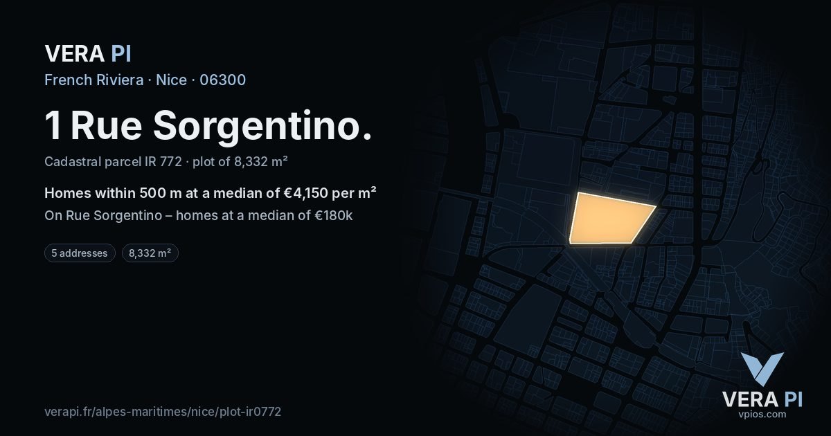 1 Rue Sorgentino, Nice at night – the plot lit, the parcels around coloured by the prices near them