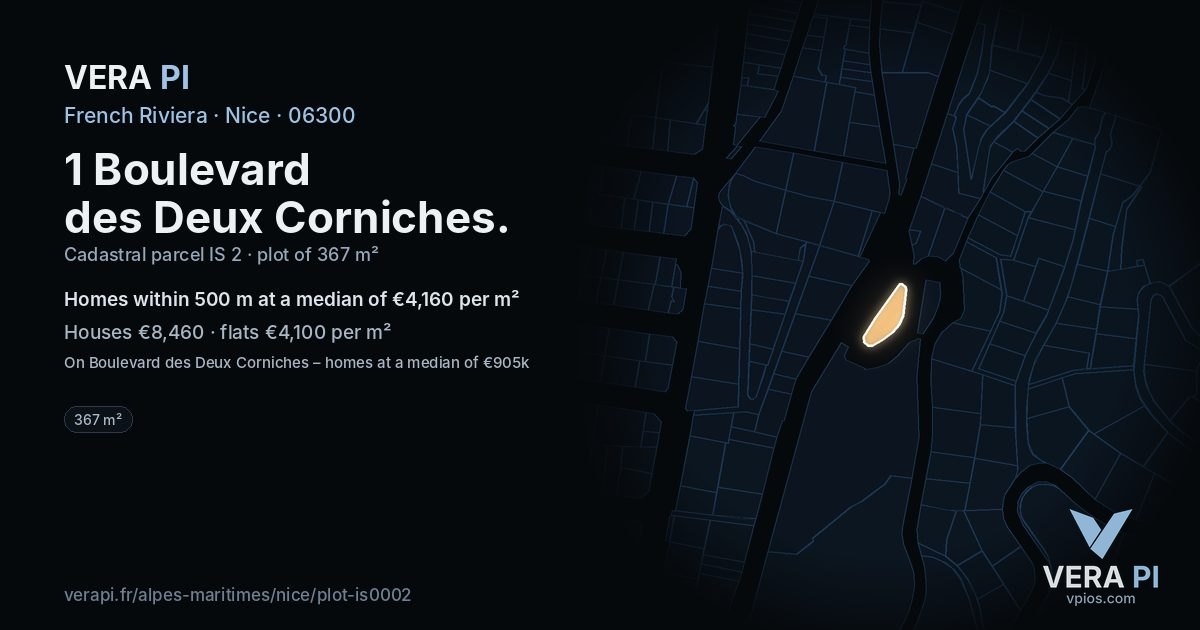 1 Boulevard des Deux Corniches, Nice at night – the plot lit, the parcels around coloured by the prices near them