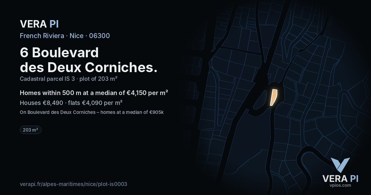 6 Boulevard des Deux Corniches, Nice at night – the plot lit, the parcels around coloured by the prices near them