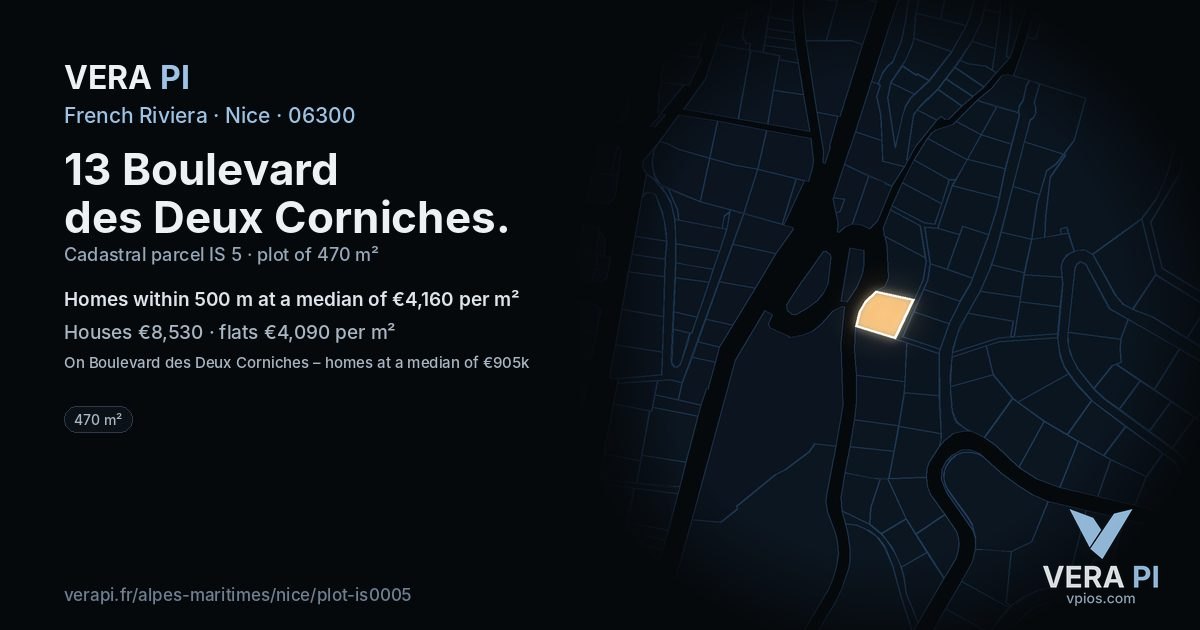 13 Boulevard des Deux Corniches, Nice at night – the plot lit, the parcels around coloured by the prices near them