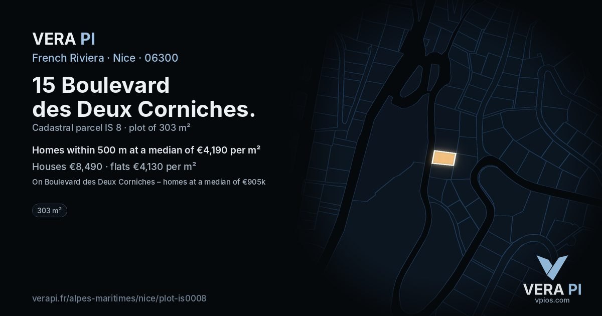 15 Boulevard des Deux Corniches, Nice at night – the plot lit, the parcels around coloured by the prices near them