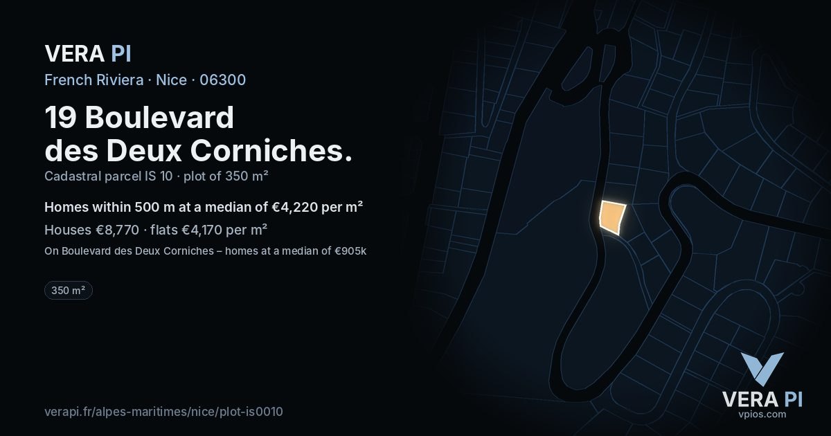 19 Boulevard des Deux Corniches, Nice at night – the plot lit, the parcels around coloured by the prices near them