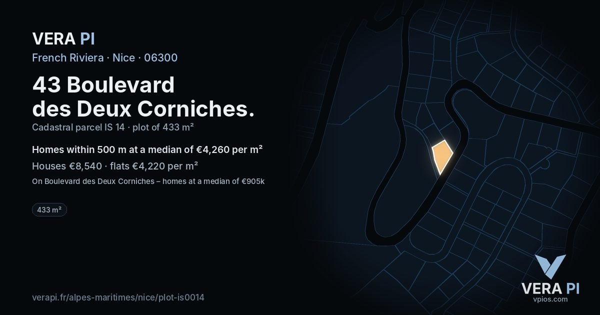 43 Boulevard des Deux Corniches, Nice at night – the plot lit, the parcels around coloured by the prices near them