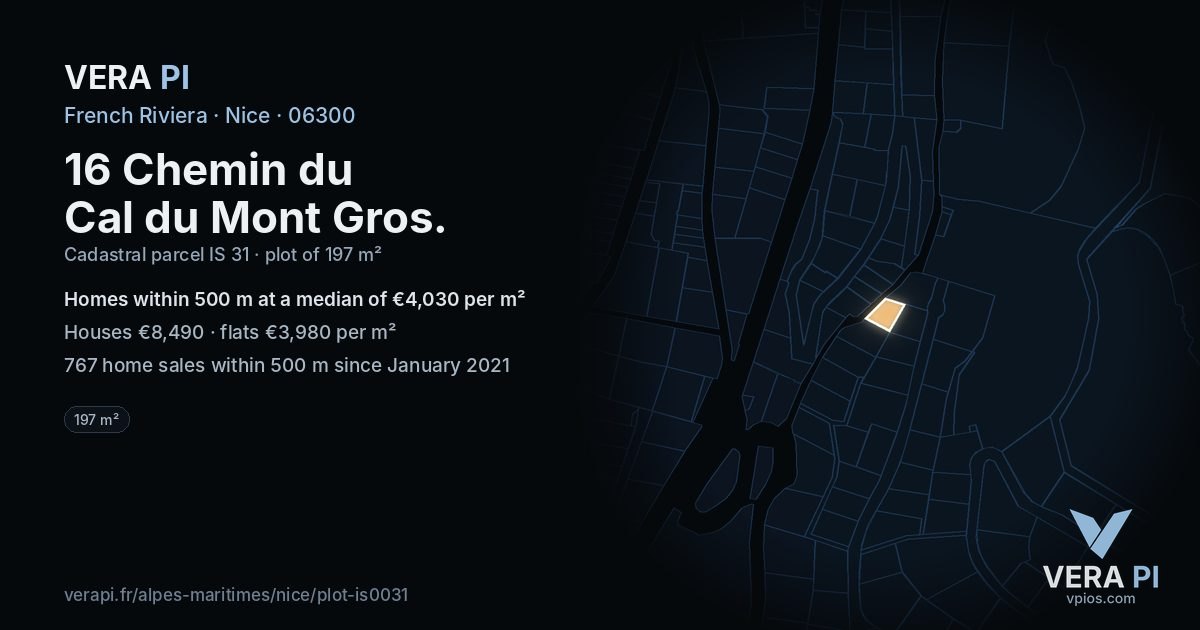 16 Chemin du Cal du Mont Gros, Nice at night – the plot lit, the parcels around coloured by the prices near them