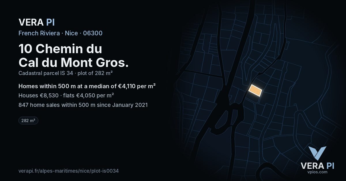 10 Chemin du Cal du Mont Gros, Nice at night – the plot lit, the parcels around coloured by the prices near them