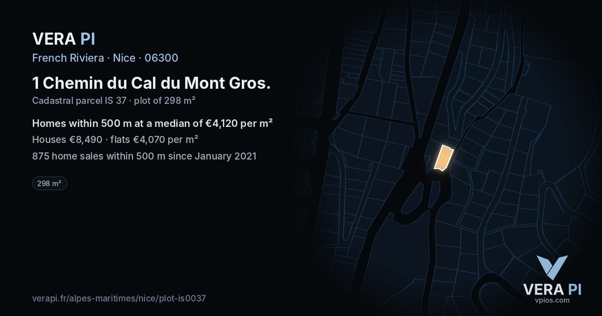 1 Chemin du Cal du Mont Gros, Nice at night – the plot lit, the parcels around coloured by the prices near them
