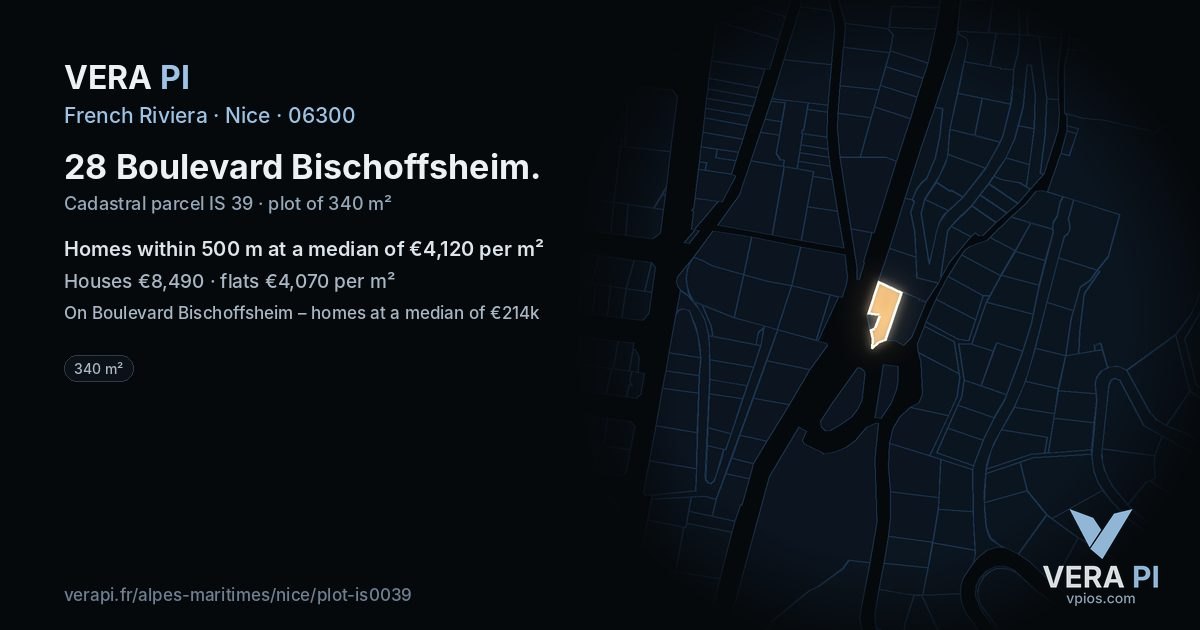 28 Boulevard Bischoffsheim, Nice at night – the plot lit, the parcels around coloured by the prices near them