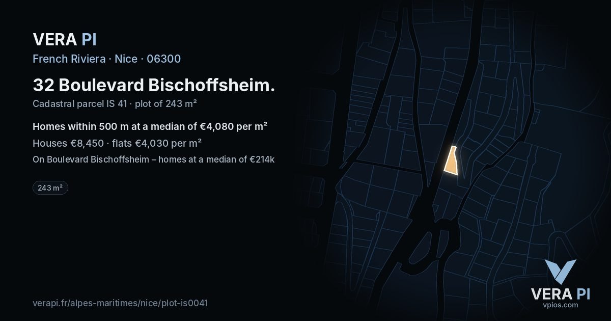 32 Boulevard Bischoffsheim, Nice at night – the plot lit, the parcels around coloured by the prices near them