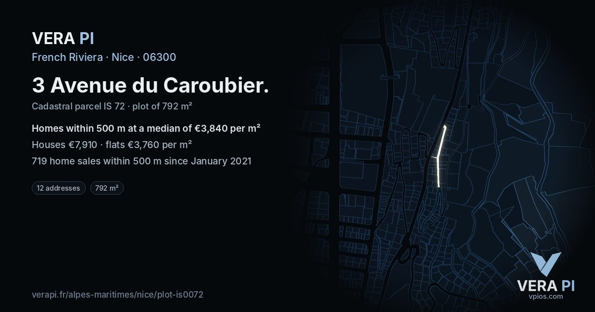 3 Avenue du Caroubier, Nice at night – the plot lit, the parcels around coloured by the prices near them