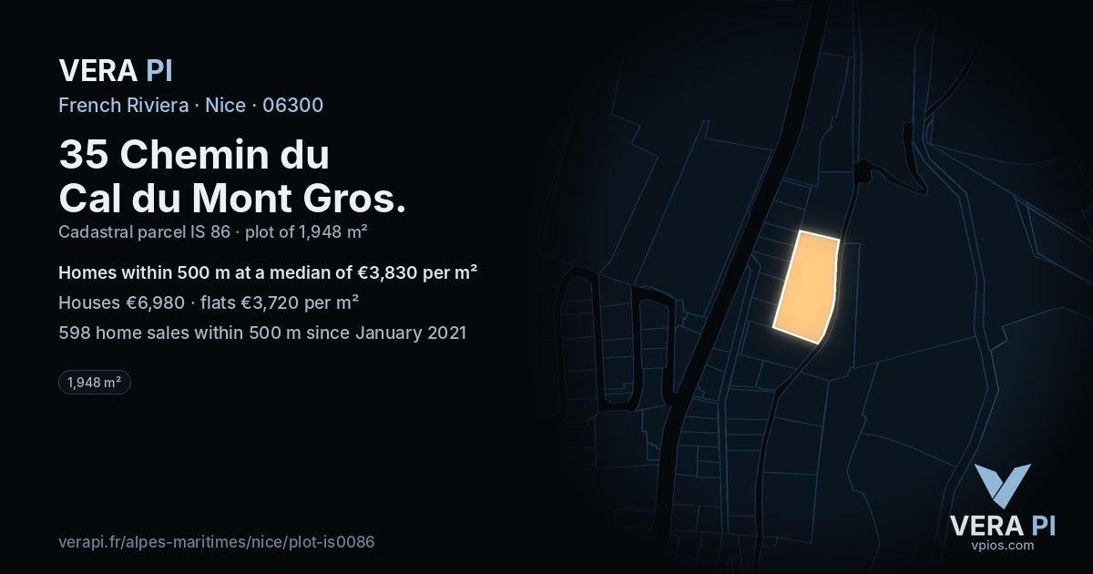 35 Chemin du Cal du Mont Gros, Nice at night – the plot lit, the parcels around coloured by the prices near them