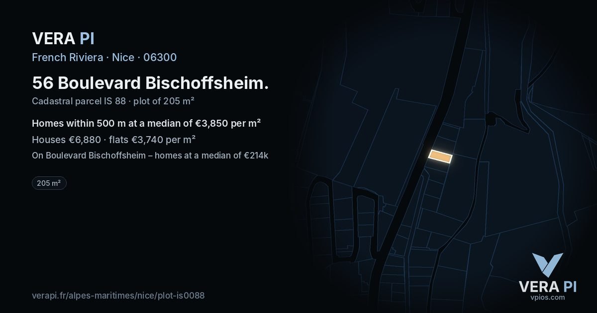 56 Boulevard Bischoffsheim, Nice at night – the plot lit, the parcels around coloured by the prices near them