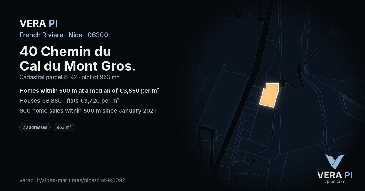 40 Chemin du Cal du Mont Gros, Nice at night – the plot lit, the parcels around coloured by the prices near them