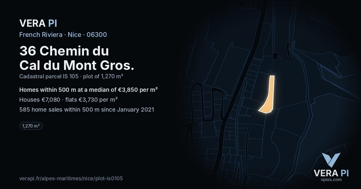 36 Chemin du Cal du Mont Gros, Nice at night – the plot lit, the parcels around coloured by the prices near them