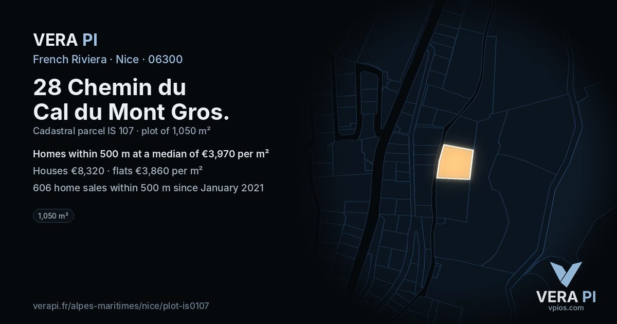 28 Chemin du Cal du Mont Gros, Nice at night – the plot lit, the parcels around coloured by the prices near them