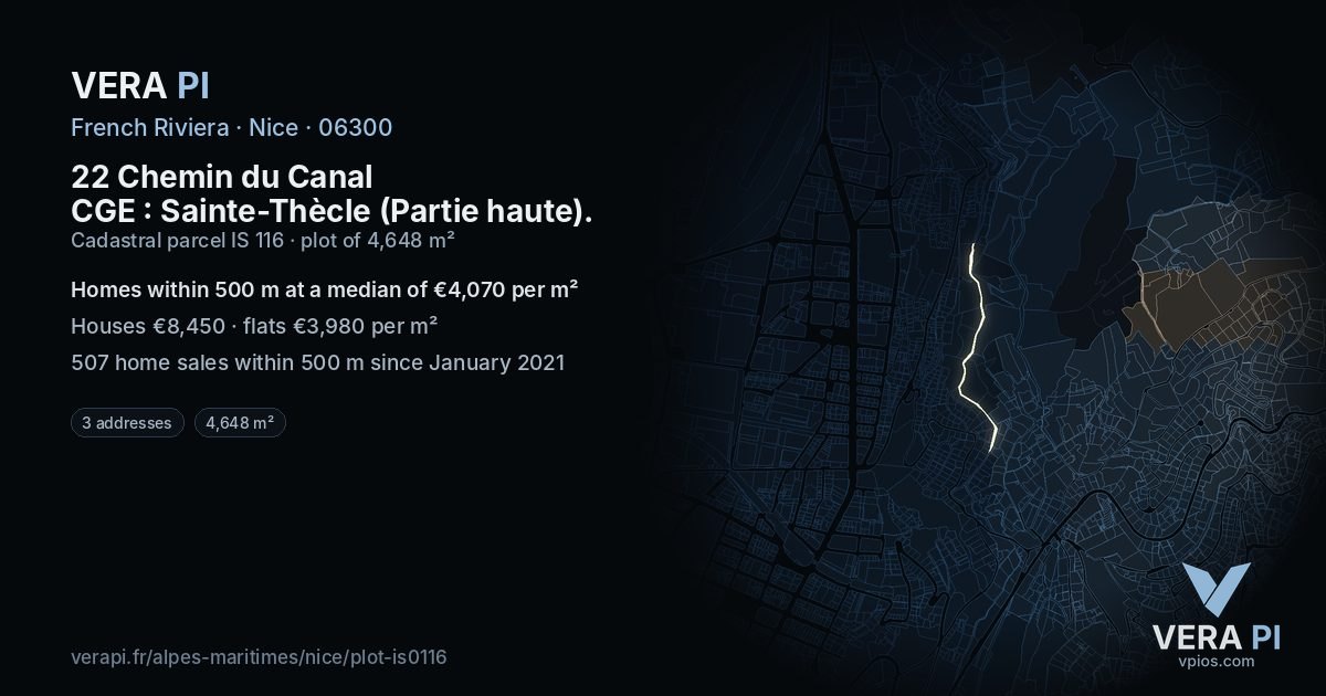 22 Chemin du Canal CGE : Sainte-Thècle (Partie haute), Nice at night – the plot lit, the parcels around coloured by the prices near them