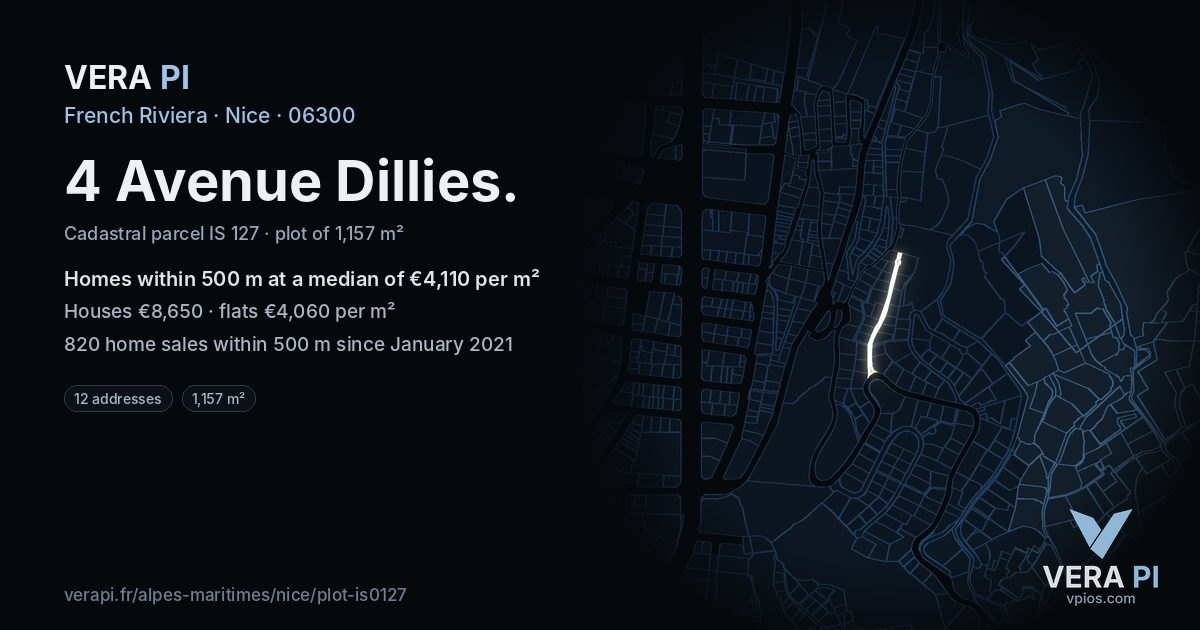 4 Avenue Dillies, Nice at night – the plot lit, the parcels around coloured by the prices near them