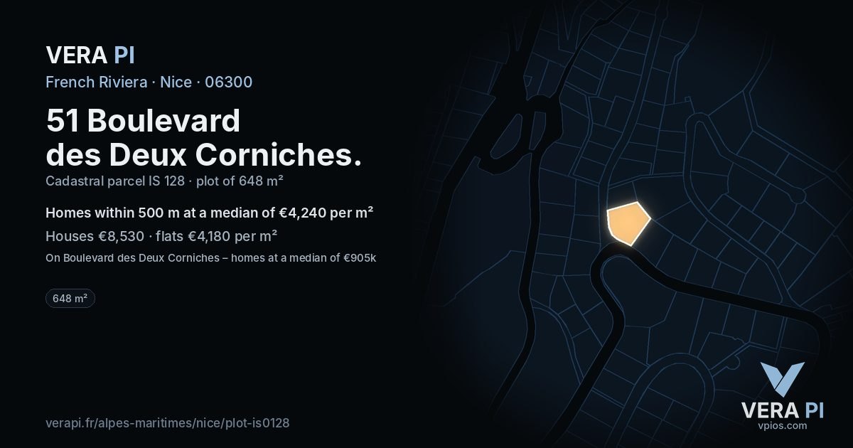 51 Boulevard des Deux Corniches, Nice at night – the plot lit, the parcels around coloured by the prices near them