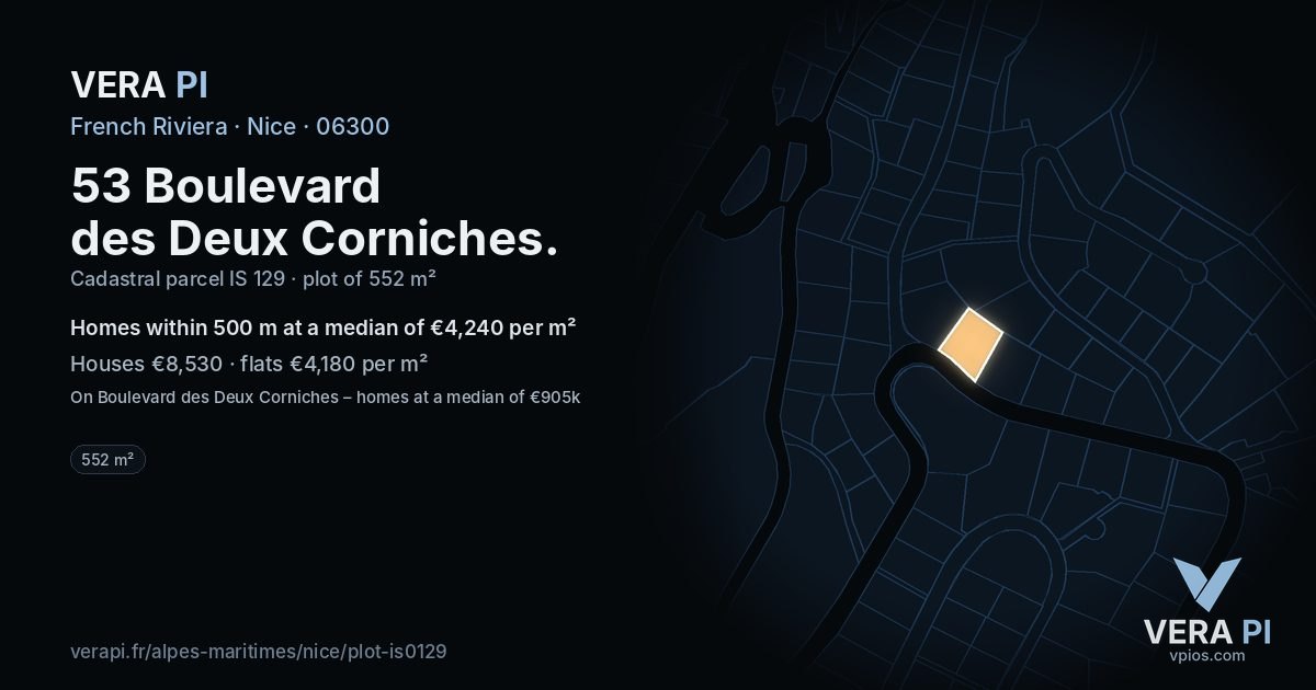 53 Boulevard des Deux Corniches, Nice at night – the plot lit, the parcels around coloured by the prices near them
