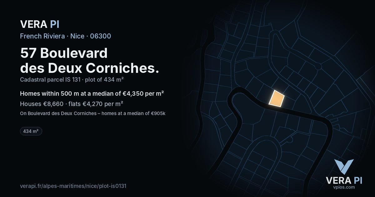 57 Boulevard des Deux Corniches, Nice at night – the plot lit, the parcels around coloured by the prices near them