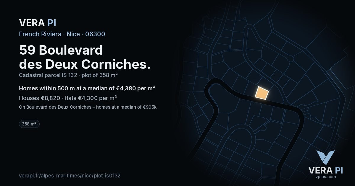 59 Boulevard des Deux Corniches, Nice at night – the plot lit, the parcels around coloured by the prices near them
