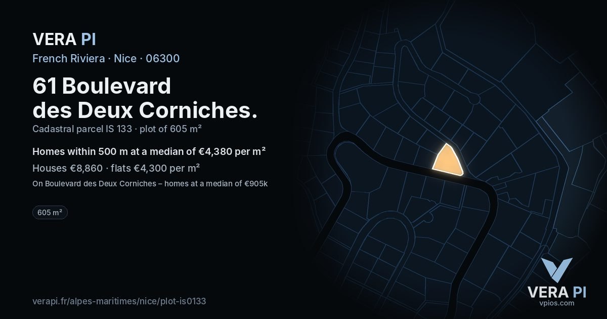 61 Boulevard des Deux Corniches, Nice at night – the plot lit, the parcels around coloured by the prices near them