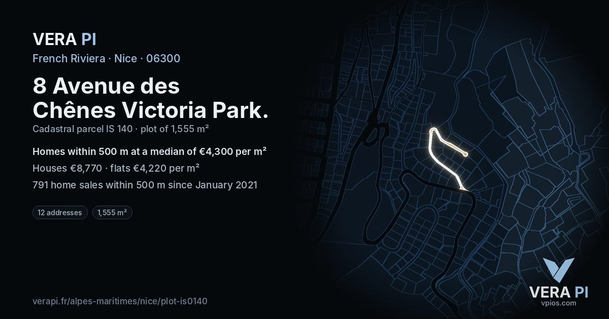 8 Avenue des Chênes Victoria Park, Nice at night – the plot lit, the parcels around coloured by the prices near them