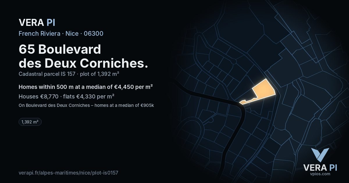 65 Boulevard des Deux Corniches, Nice at night – the plot lit, the parcels around coloured by the prices near them