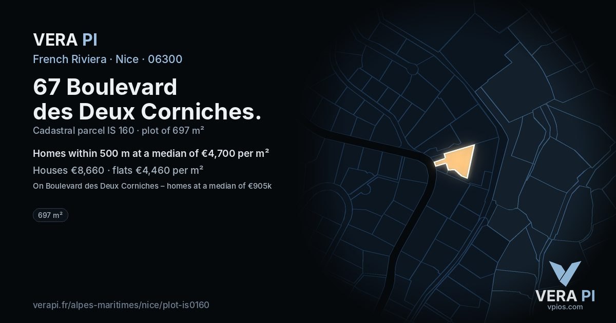 67 Boulevard des Deux Corniches, Nice at night – the plot lit, the parcels around coloured by the prices near them