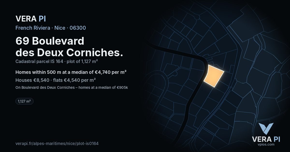 69 Boulevard des Deux Corniches, Nice at night – the plot lit, the parcels around coloured by the prices near them
