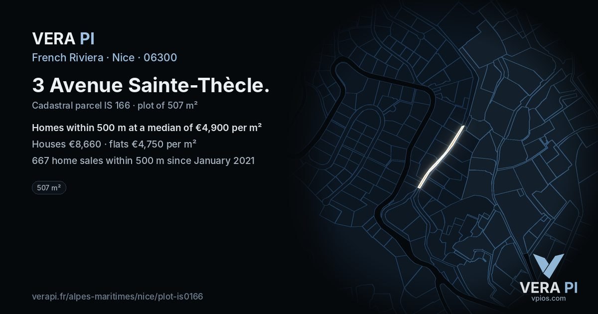 3 Avenue Sainte-Thècle, Nice at night – the plot lit, the parcels around coloured by the prices near them