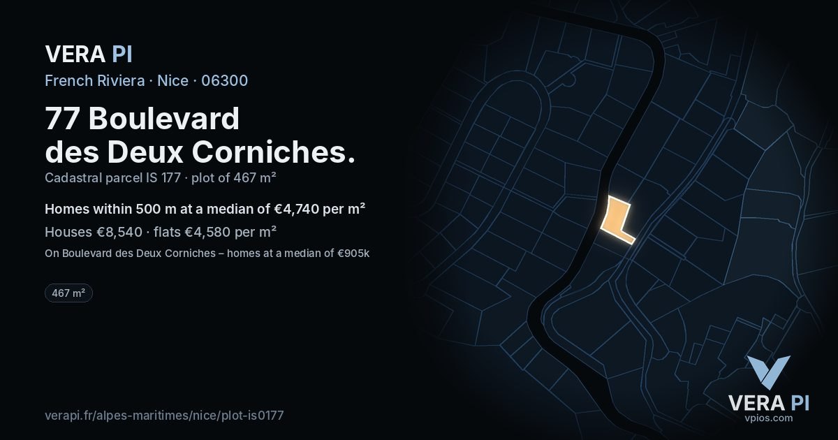 77 Boulevard des Deux Corniches, Nice at night – the plot lit, the parcels around coloured by the prices near them